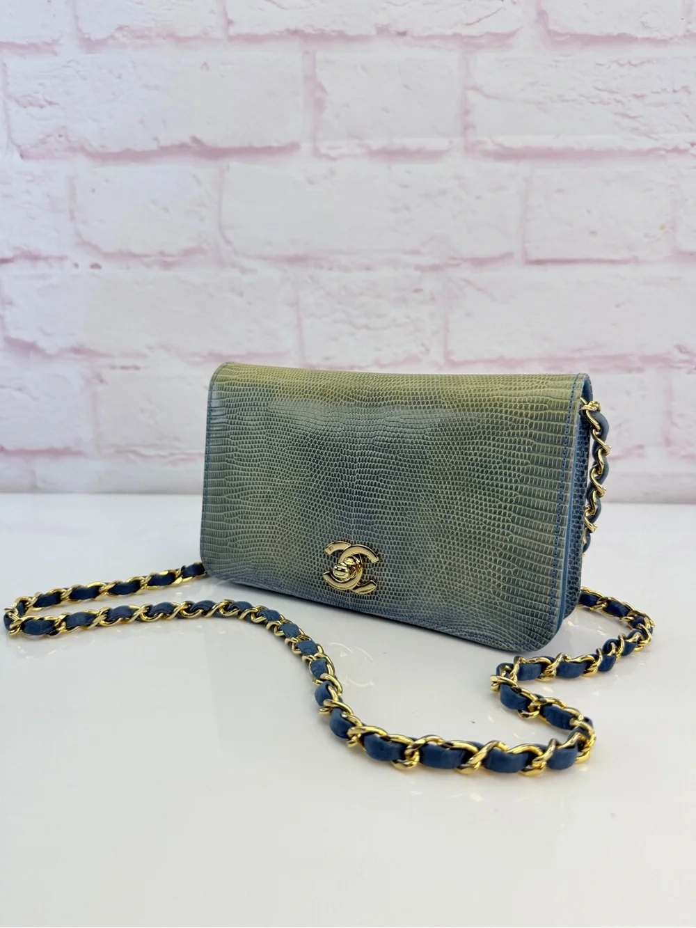 RARE Chanel Blue Lizard Skin Flap Bag Wallet on Chain 0 Series 1986-88